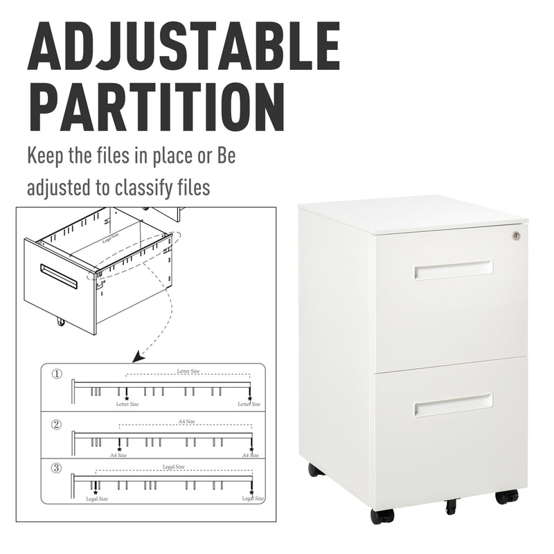 Mobile File Cabinet Vertical Home Office Organizer Filing Furniture with Adjustable Partition for A4 Letter Size, Lockable White