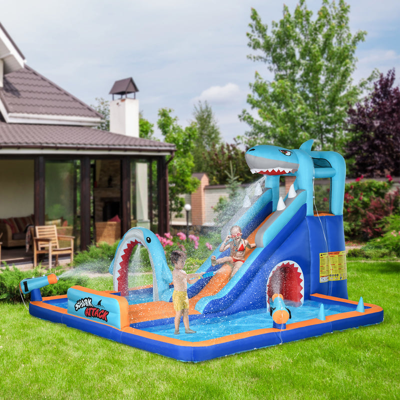 6 in 1 Shark-Themed Bouncy Castle, Inflatable Water Park, with Slide, Pool, Trampoline, Blower, for Ages 3-8 Years