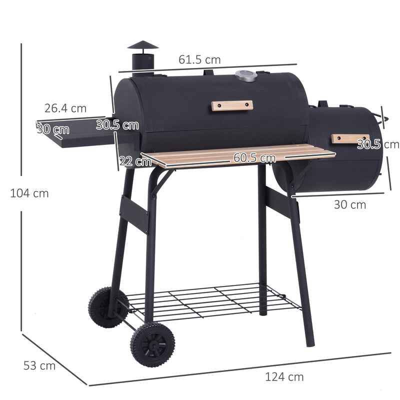 Charcoal Barbecue Grill Garden Portable BBQ Trolley w/ Offset Smoker Combo, Handy Shelves and On-lid Thermometer