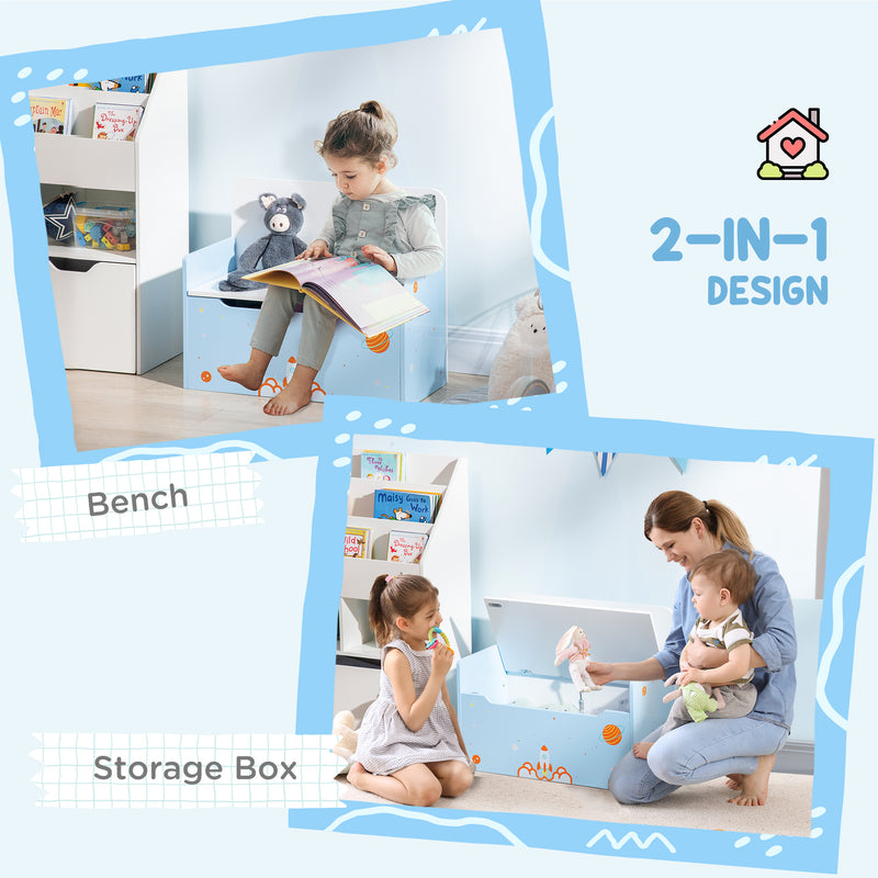 2-IN-1 Wooden Toy Box, Kids Storage Bench Toy Chest with Safety Pneumatic Rod, Rocket Pattern, Blue