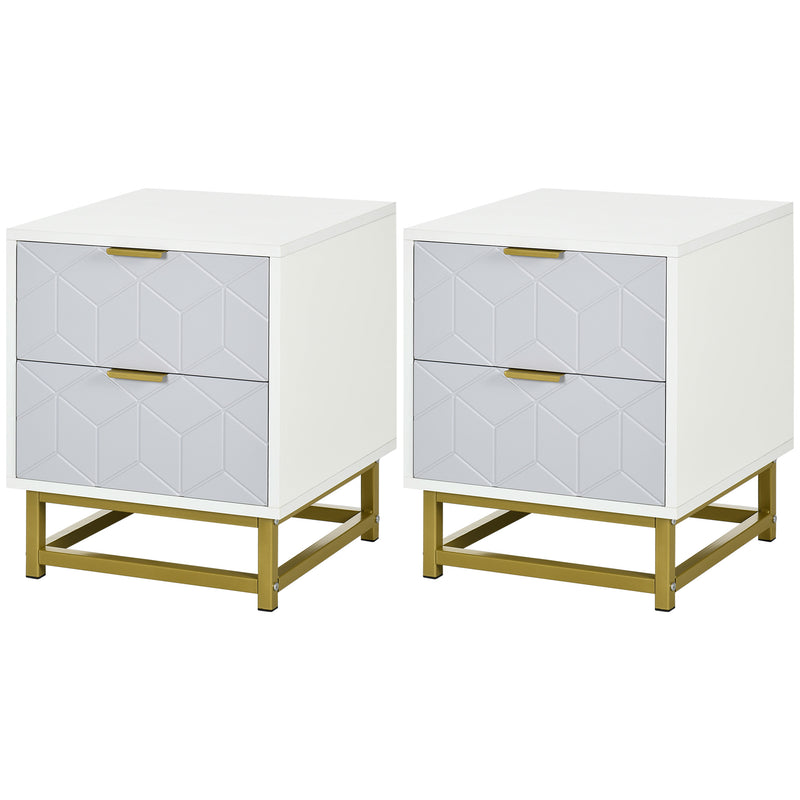 Bedside Table with 2 Drawers, Side Table, Bedside Cabinet with Steel Frame for Living Room, Bedroom, Set of 2, Grey and White