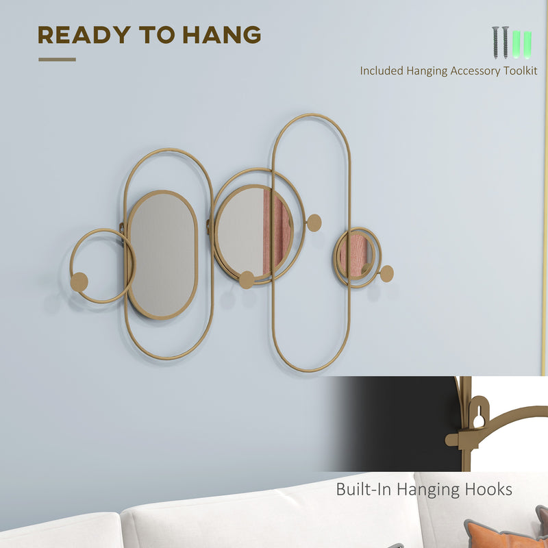 Metal Wall Mirror Decor with Coat Hooks, Modern Decorative Wall Art for Living Room Bedroom, Gold Tone
