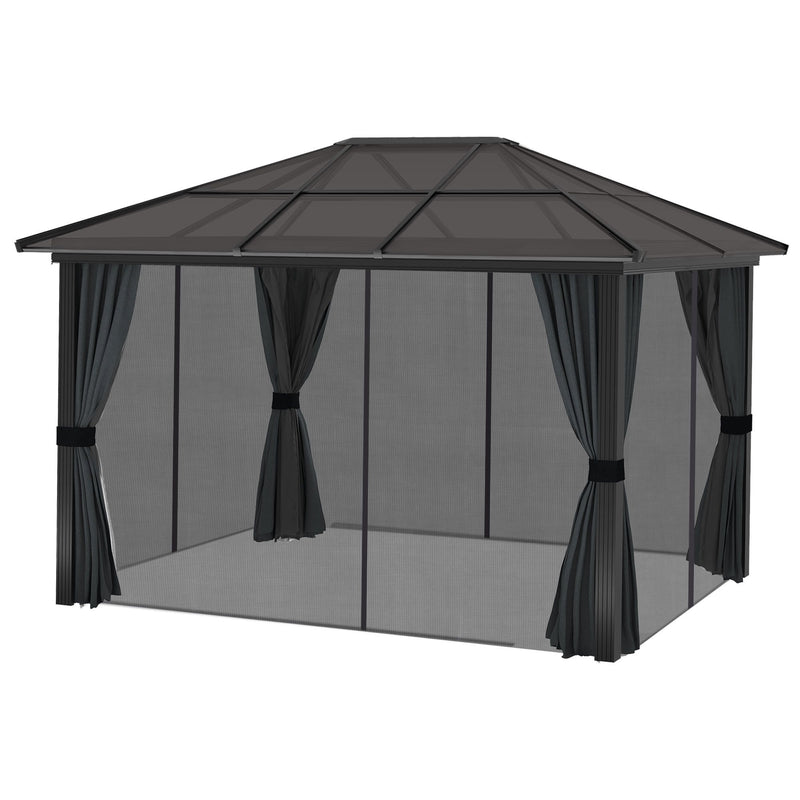 3 x 4m Hard Top Gazebo Garden Pavilion with Netting and Curtains, Polycarbonate Roof and Aluminium Frame
