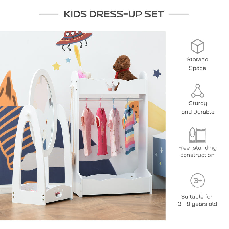 Kids Clothes Rail and Mirror Set 360° Rotation Free Standing Full Length Mirror and Hanging Rack with Storage Shelves Dressing Mirror White