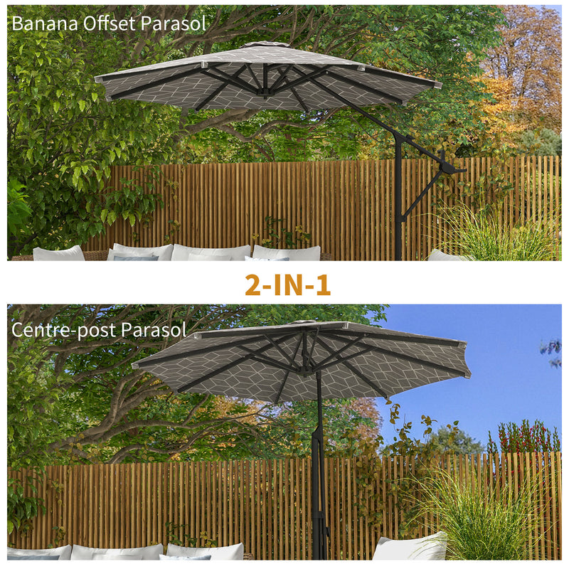 3(m) Convertible Cantilever Parasol and Centre-post Garden Parasol with Cross Base, 360 Rotation Banana Parasol with Crank Handle