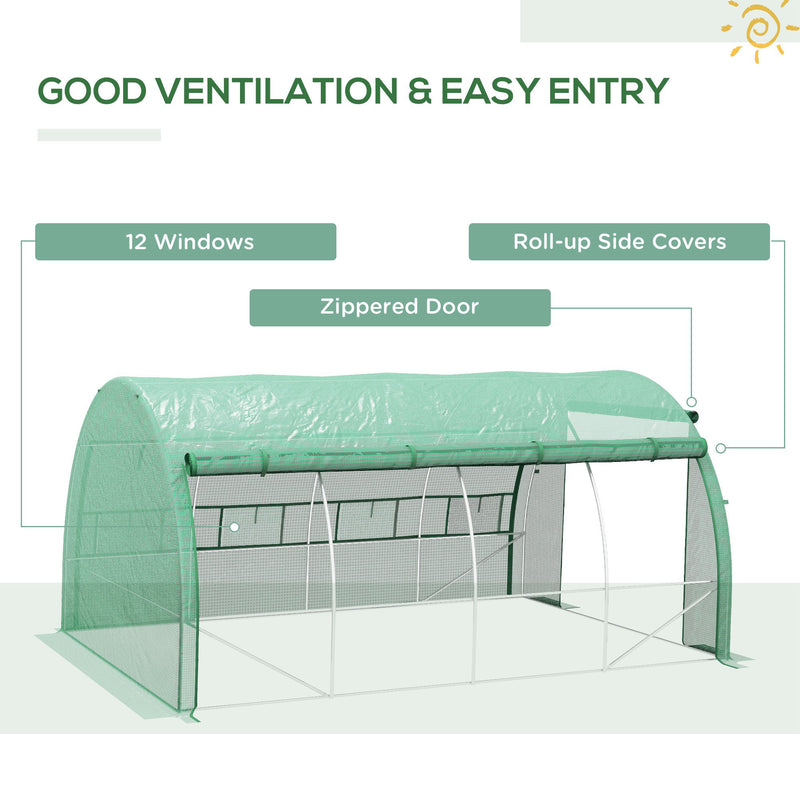 Polytunnel Greenhouse Walk-in Grow House Tent with Roll-up Sidewalls, Zipped Door and 8 Windows, 4x3x2m Green