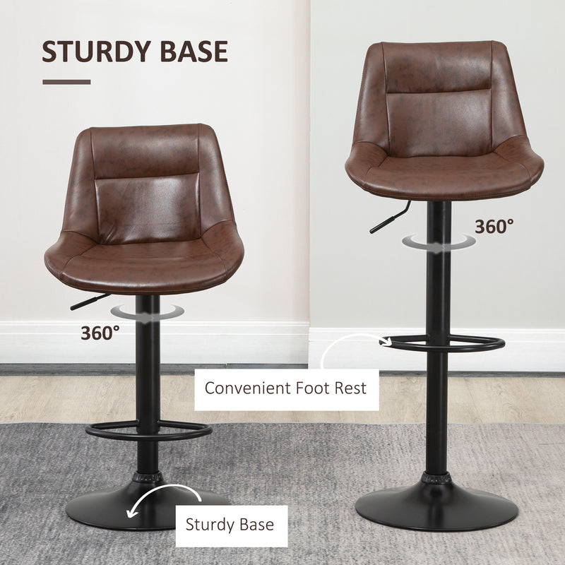 Adjustable Bar Stools Set of 2, Modern Kitchen Stools, 360 Degree Swivel Bar Height Barstools in PU Leather with Footrest, Brown