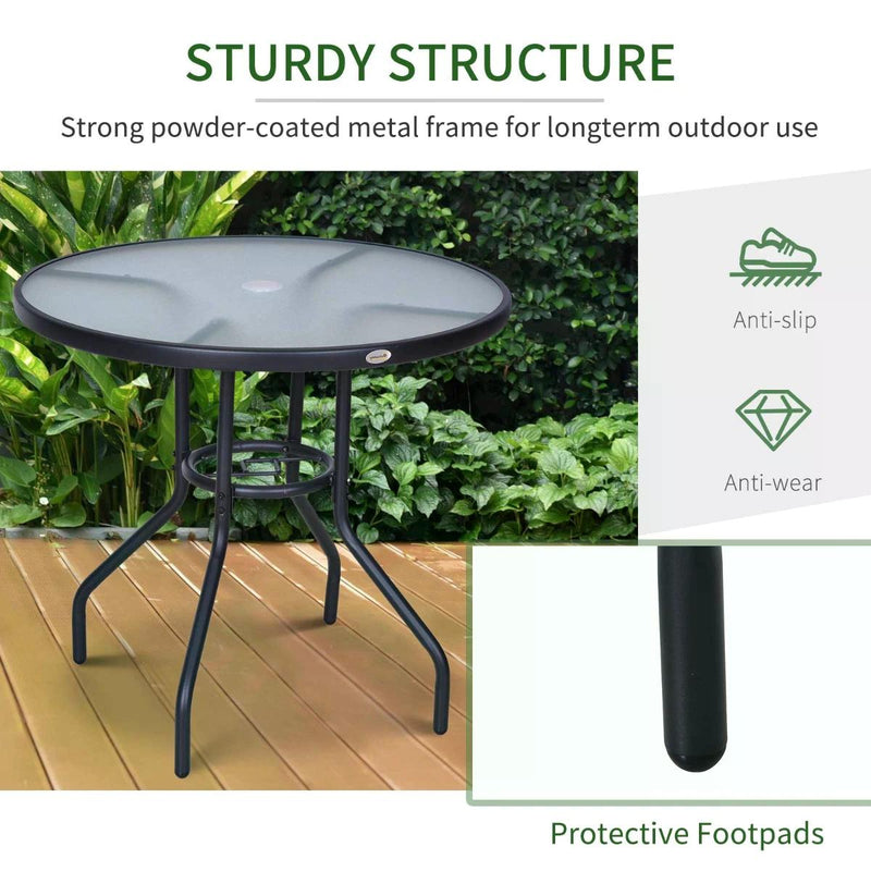 Outdoor Round Dining Table Tempered Glass Top Steel Garden Table w/ Parasol Hole 80cm