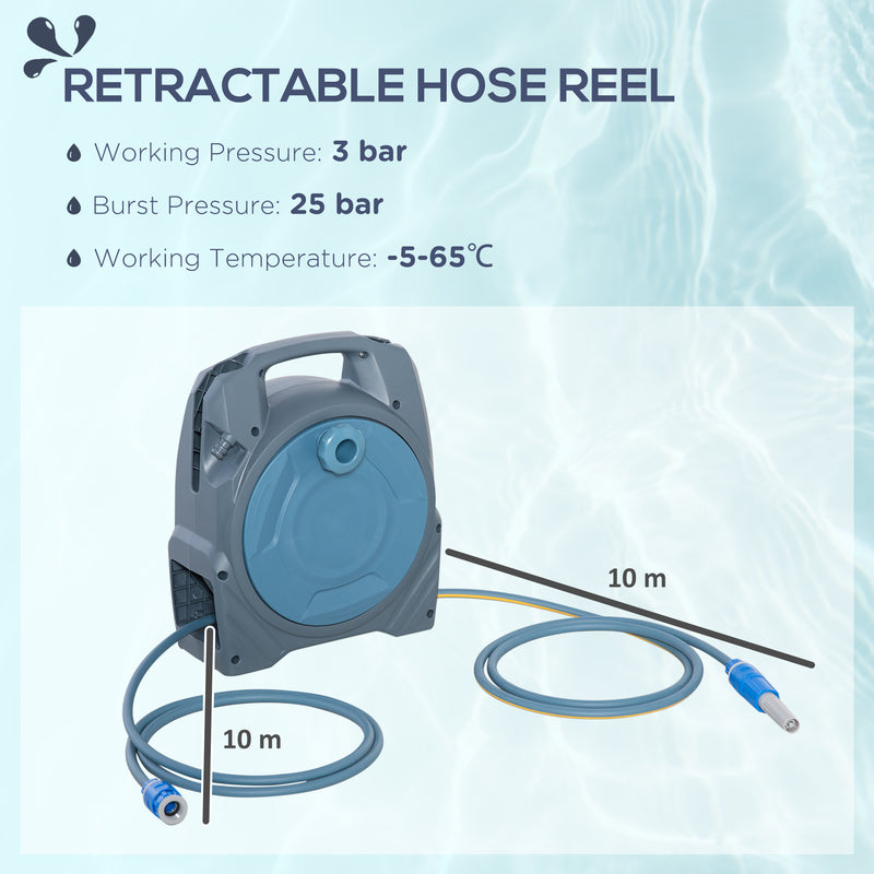Garden Hose Reel Retractable Hose Reel with 10m + 10m Hose and Simple Manual Rewind, Compact and Lightweight