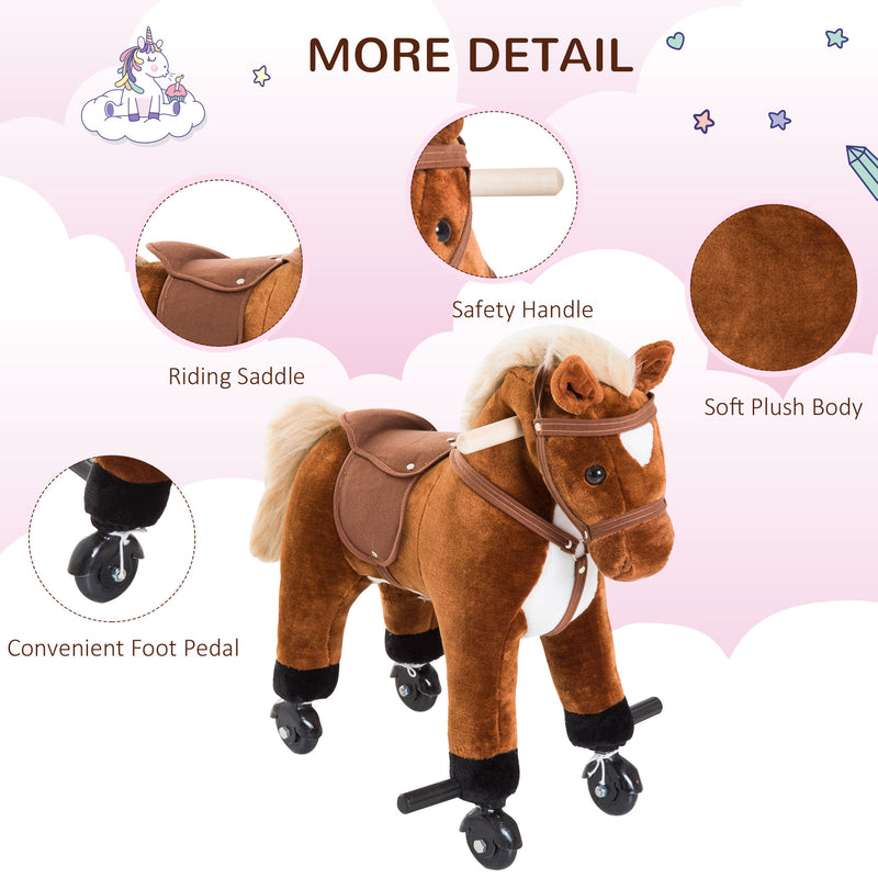 Rocking Horse Plush Kids Ride on Gift Wooden Action Pony Wheeled Walking Riding Little Baby Toy W/Sound-Brown