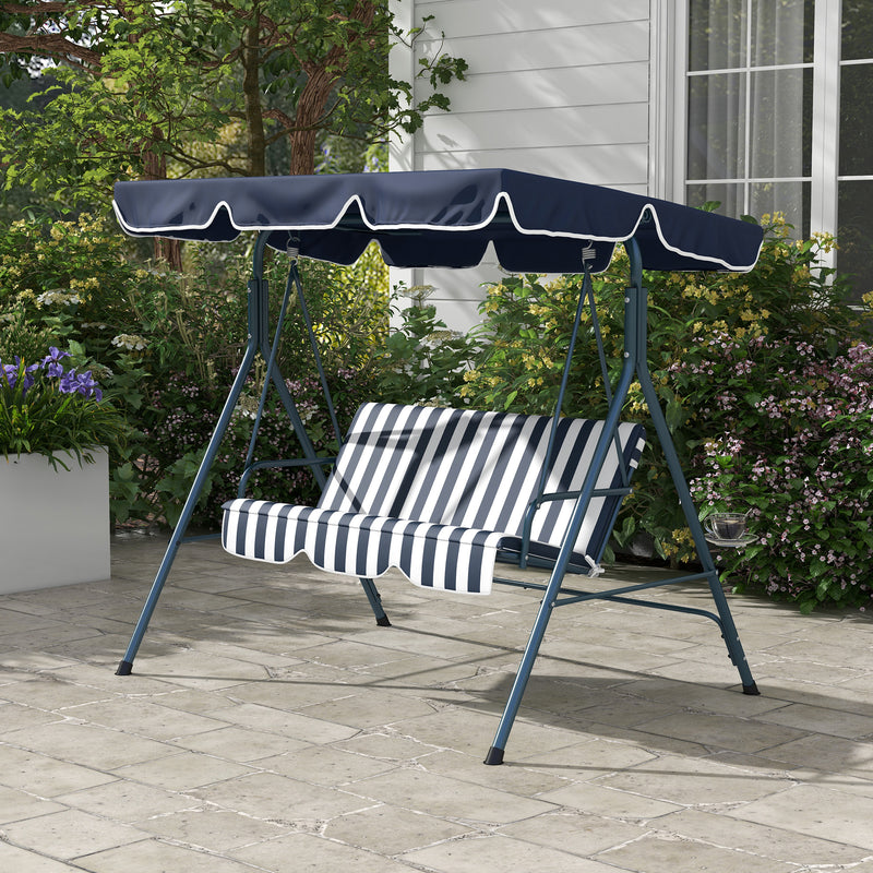 3-Seat Swing Chair Garden Swing Seat with Adjustable Canopy for Patio, Blue and White