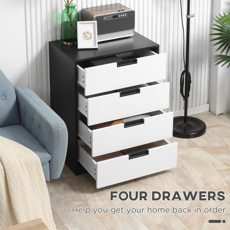Drawer Chest, 4-Drawer Storage Cabinet Organiser for Bedroom, Living Room, 60cmx40cmx80cm, White and Black