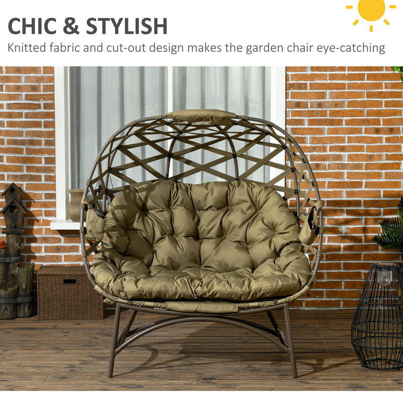 2 Seater Egg Chair Outdoor, Folding Weave Garden Furniture Chair with Cushion, Cup Pockets - Khaki