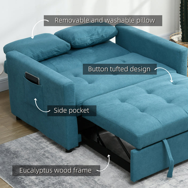 Loveseat Sofa Bed, Convertible Bed Settee with 2 Cushions, Side Pockets for Living Room, Blue