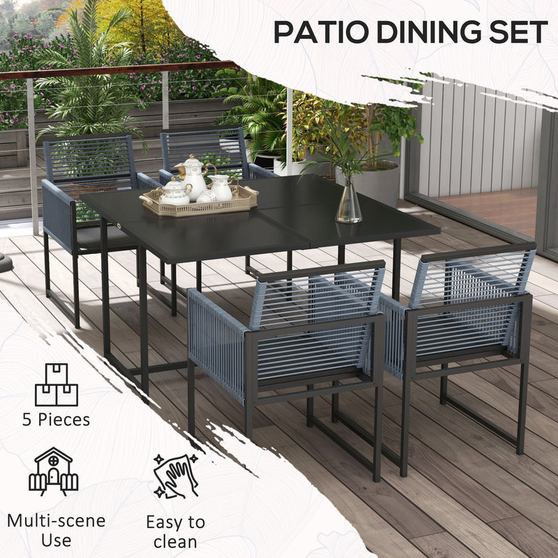 5 Pieces Garden Dining Set, Outdoor Patio Dining Set, 4 Seater Outdoor Table and Chairs with Foldable Backrest, Tempered Glass Top, Handwoven Rope for Poolside, Space-Saving, Dark Grey