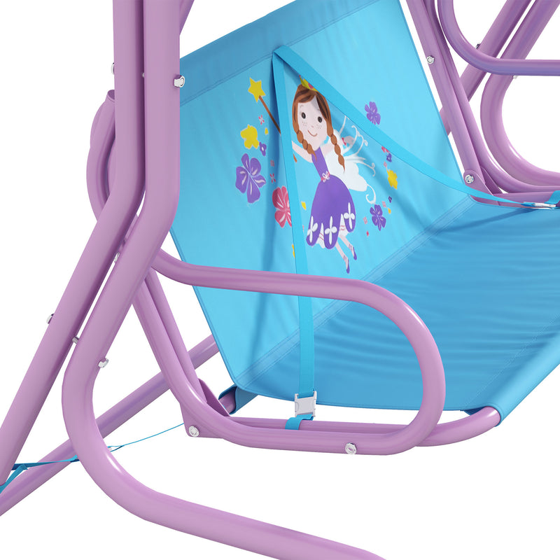 2 Seater Kids Garden Swing Fairy Themed Kids Swing Chair with Adjustable Canopy, Safety Belts for Park Porch Poolside