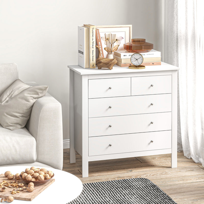 Modern Chest of Drawers, 5 Drawer Storage Cabinet with Metal Handles and Runners for Bedroom, White
