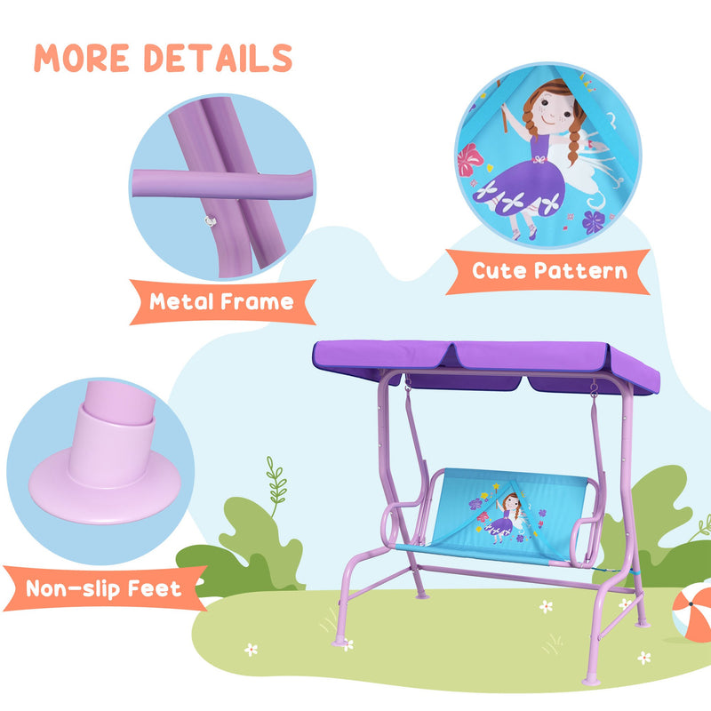 2 Seater Kids Garden Swing Fairy Themed Kids Swing Chair with Adjustable Canopy, Safety Belts for Park Porch Poolside
