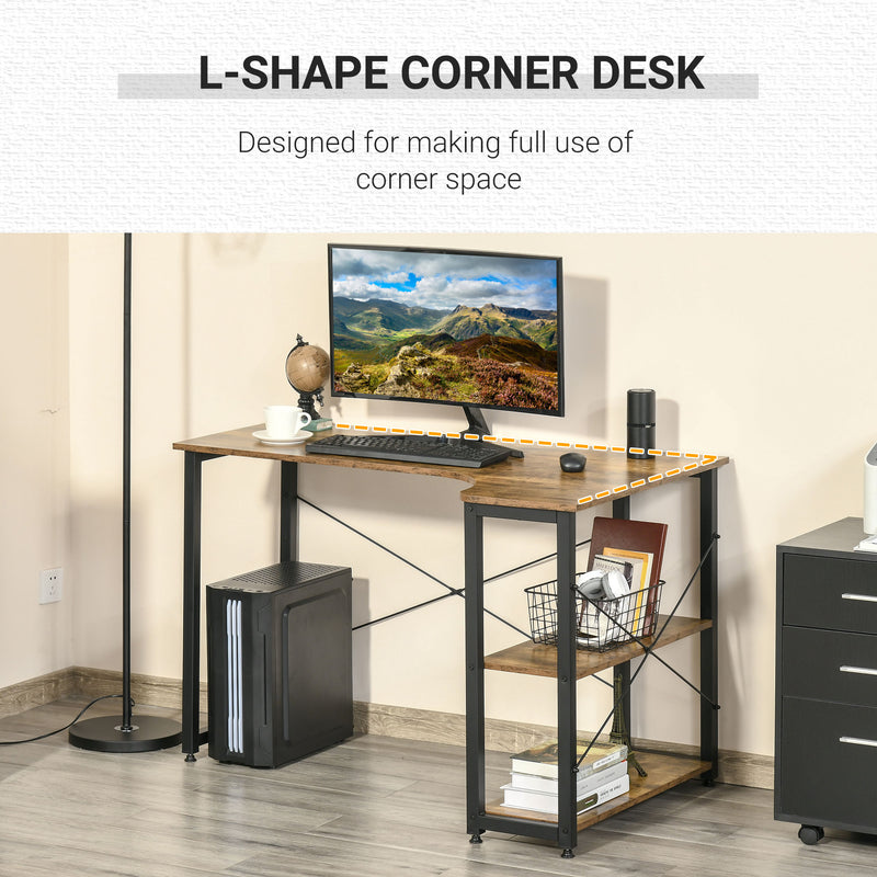 L-Shaped Computer Desk Home Office Corner Desk Study Workstation Table with 2 Shelves, Steel Frame, Rustic Brown