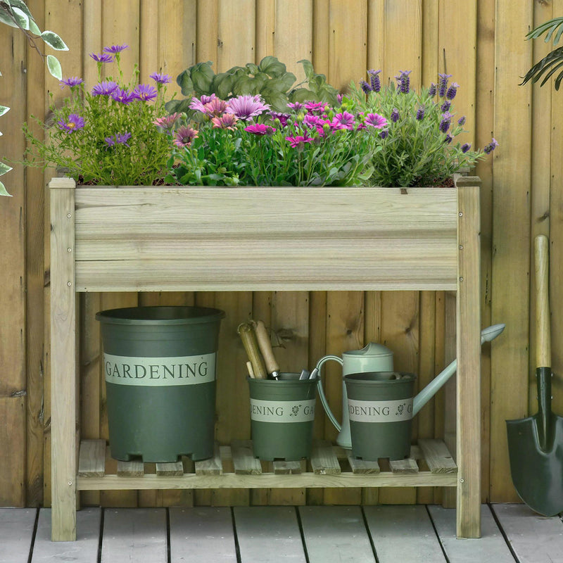 Garden Wooden Planters， Raised Garden Bed with Legs and Storage Shelf, Gardening Standing Growing Bed Flower Boxes for Backyard, Balcony