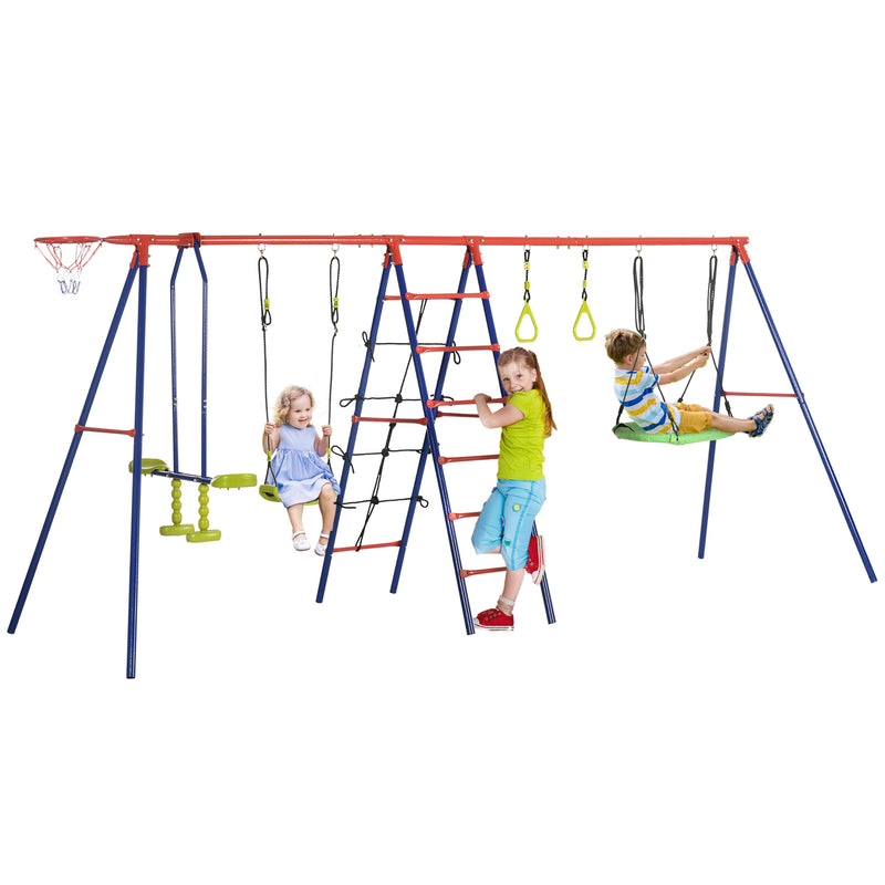 6 In 1 Metal Garden Swing Set, Kids Swings with Double Swings, Climbing Frame, Glider, Trapeze Bar, Basketball Hoop