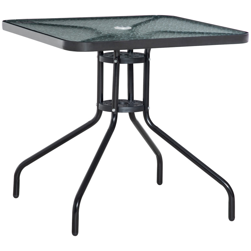 Square Patio Table, Tempered Glass Top Bistro Table, Garden Dining Table, Outdoor Accent Coffee Table 76 x 76cm Steel Frame w/ Umbrella Hole
