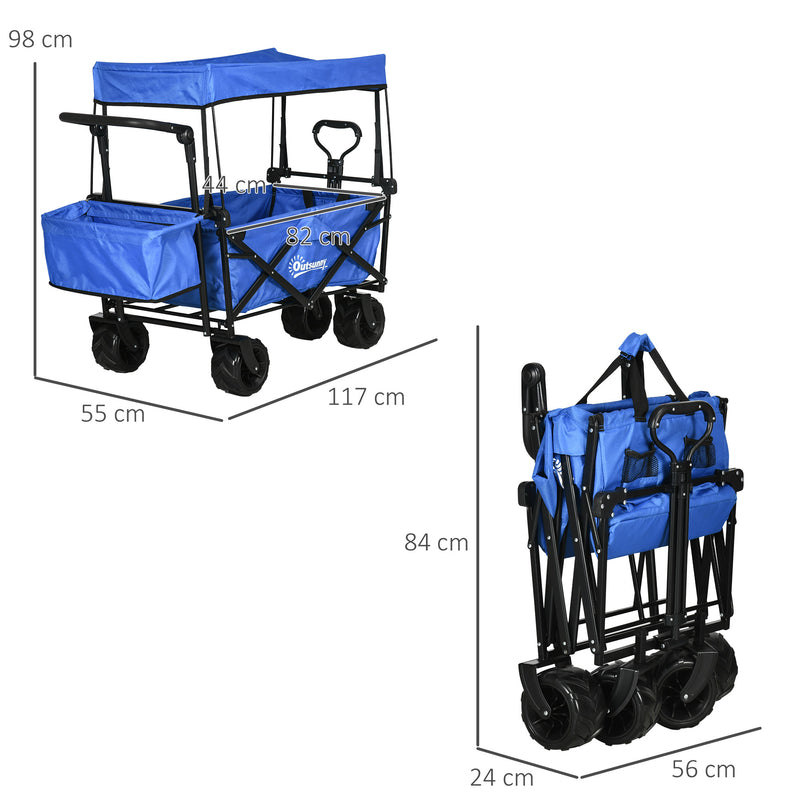Folding Trolley Cart Storage Wagon Beach Trailer 4 Wheels with Handle Overhead Canopy Cart Push Pull for Camping, Blue