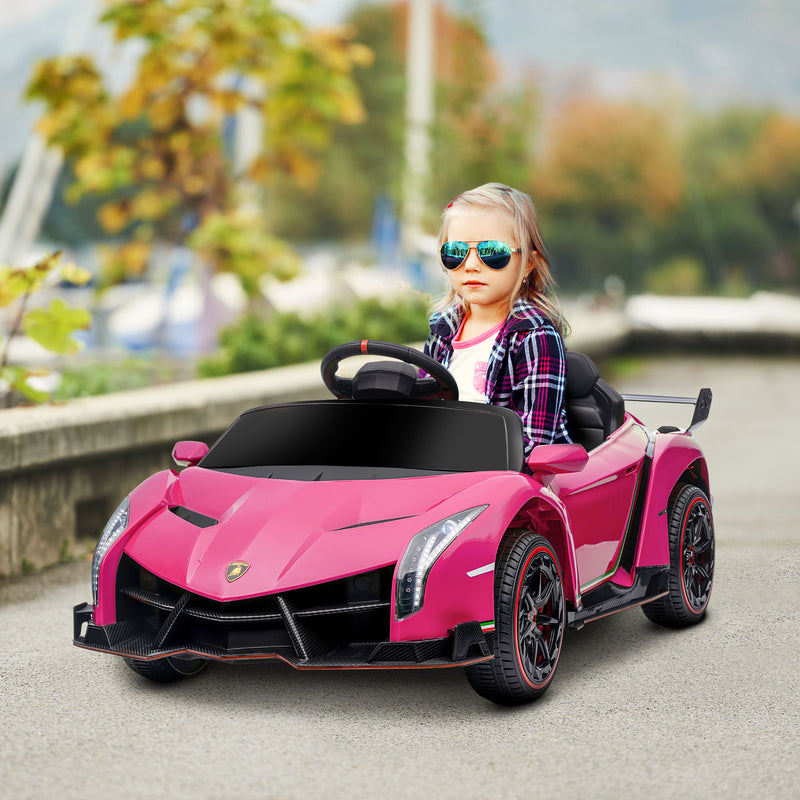 Lamborghini Veneno Licensed 12V Kids Electric Ride on Car w/ Butterfly Doors, Portable Battery, Powered Electric Car w/ Bluetooth, Pink
