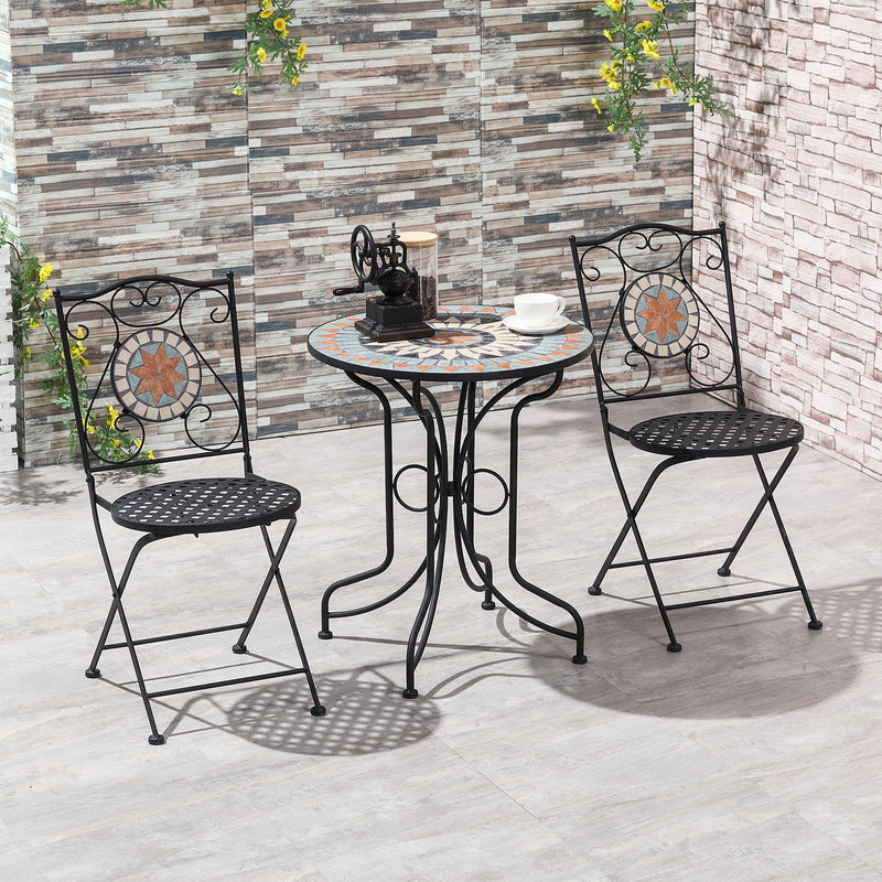 3 Piece Garden Bistro Set, Folding Patio Chairs and Mosaic Round Tabletop for Outdoor, Metal, Balcony, Poolside, Light Blue
