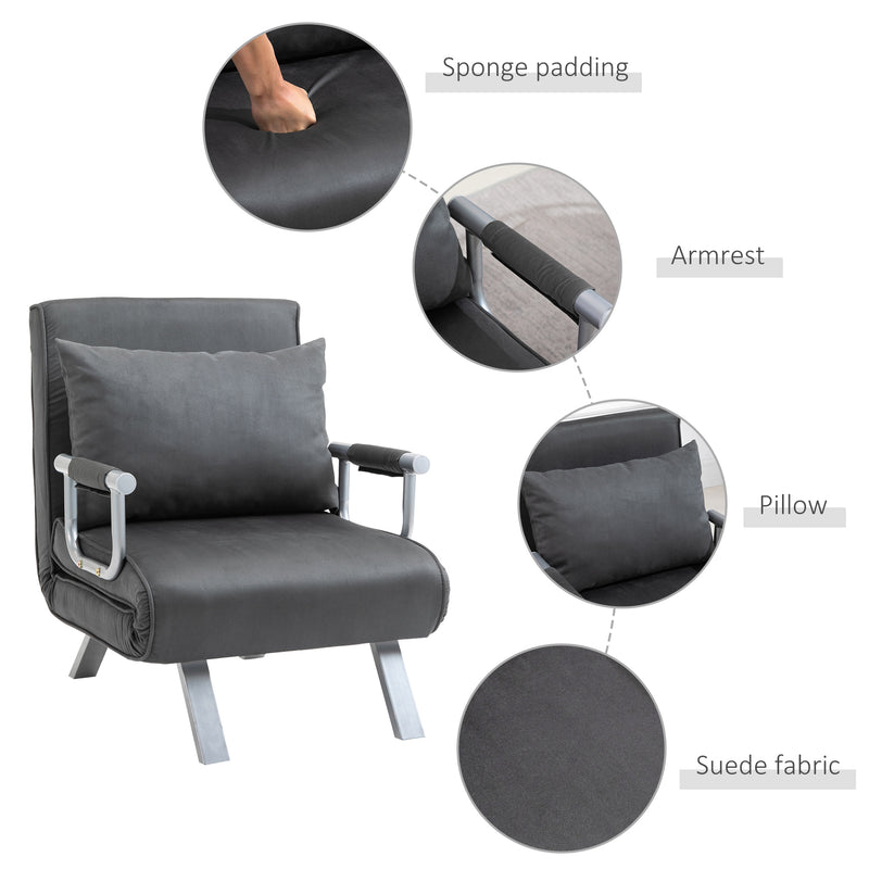 2-In-1 Design Single Sofa Bed Sleeper, Foldable Armchair Bed Lounge Couch w/ Pillow, Dark Grey