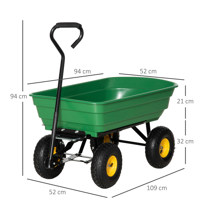 75 Litre Large Garden Cart Heavy Duty 4 Wheel Trolley Dump Wheelbarrow Tipping Truck Trailer - Green