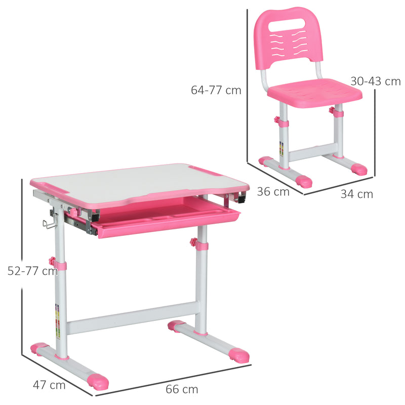 Kids Desk and Chair Set, Student Adjustable Writing Desk, with Drawer, Pen Slot, Hook - Pink