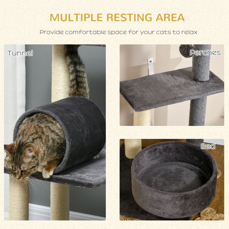 121cm Cat Tree Tower for Indoor Cats Kitten Activity Center Scratching Post with Bed Tunnel Perch Interactive Ball Toy, Grey