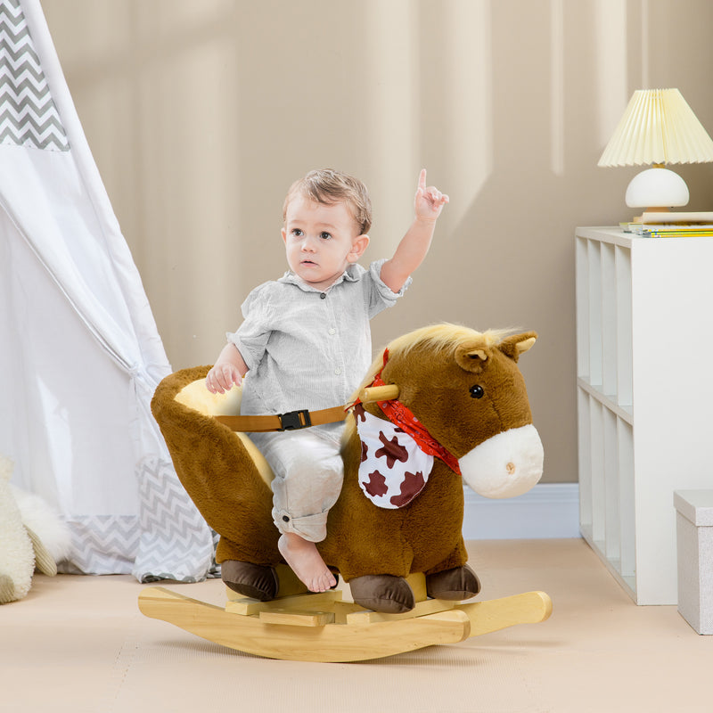 Kids Rocking Horse, Plush Baby Rocking Chair with Safety Harness, Realistic Sound, Foot Pedals, for Toddler Aged 18-36 Months, Brown