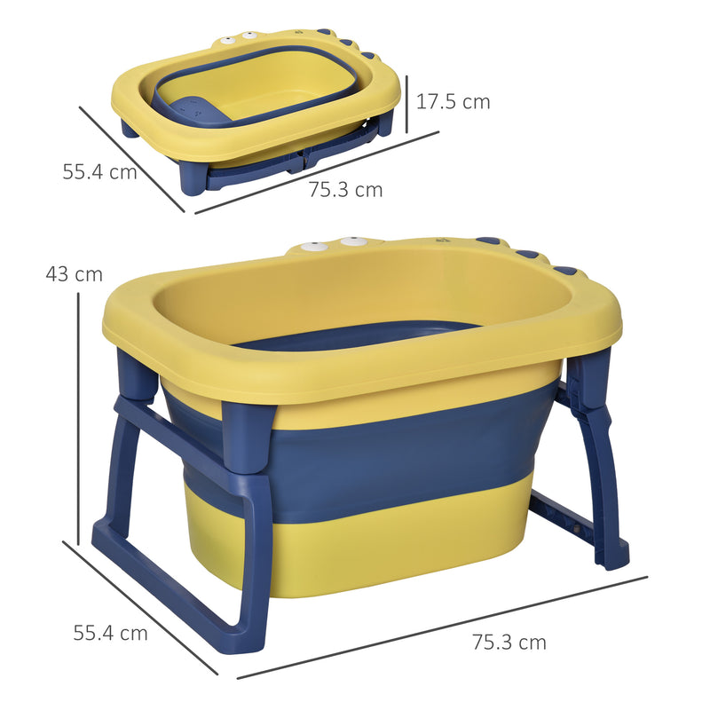 Baby Bath Tub for 0-6 Years Collapsible Non-Slip Portable with Stool Seat for Newborns Infants Toddlers Kids Crocodile Shape Yellow