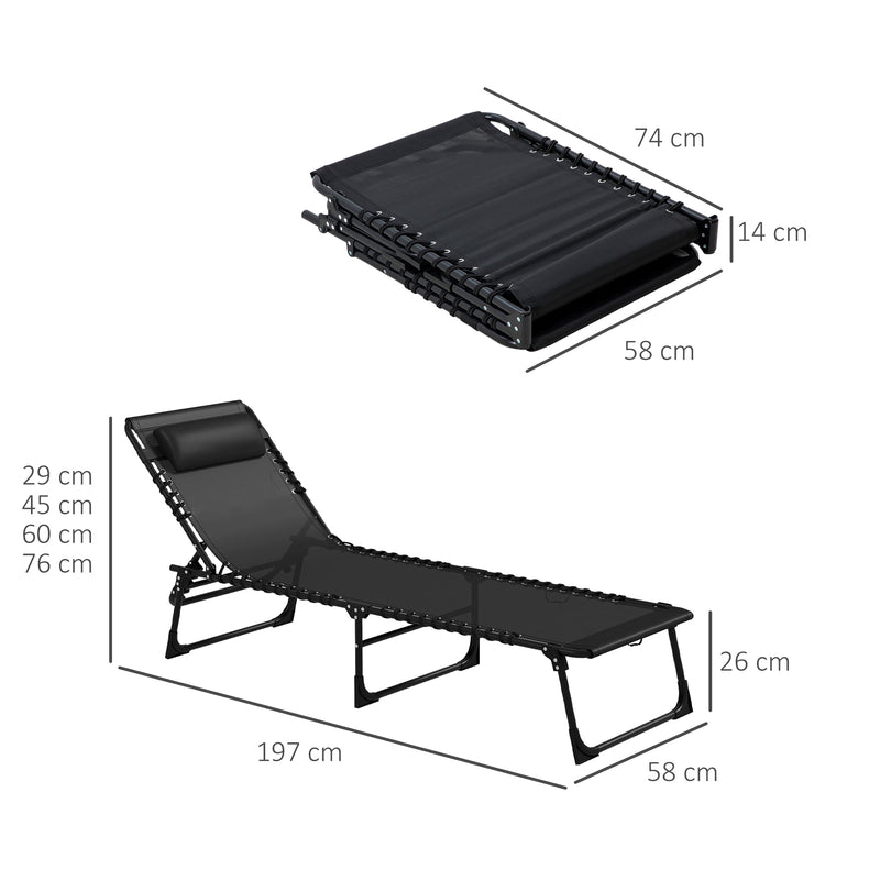 2 Pcs Folding Sun Lounger Beach Chaise Chair Garden Cot Camping Recliner with 4 Position Adjustable Black