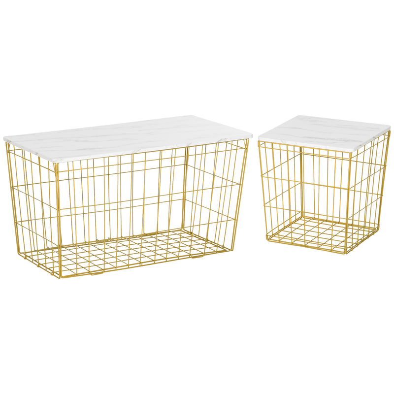 Side Table Set of 2 with Wire Storage Basket, End Tables Coffee Tables with Faux Marble Top for Living Room Bedroom, White and Gold