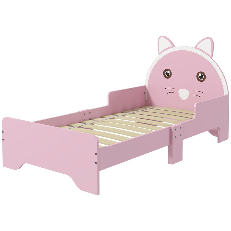 Bed for Kids Cat Design Toddler Bed Frame Bedroom Furniture with Guardrails, for 3-6 Years, 143L x 74W x 72Hcm - Pink