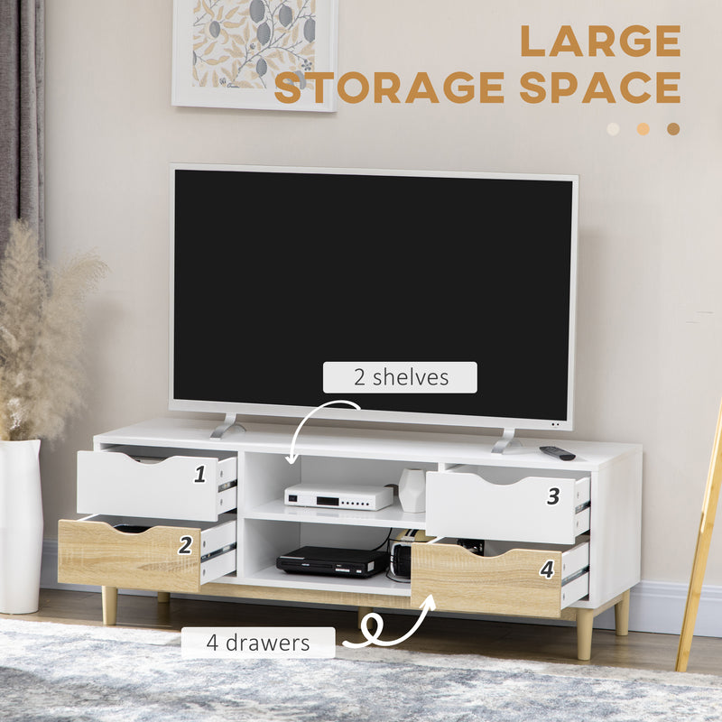 Modern TV Stand Unit for TVs up to 55" with Storage Shelves and Drawers, 120cmx40cmx44.5cm, White and Natural