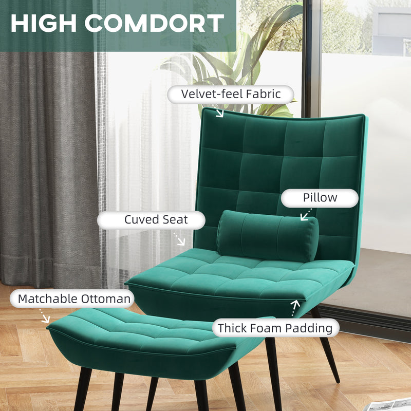 Armless Accent Chair w/ Footstool Set, Modern Tufted Upholstered Lounge Chair w/ Pillow, Steel Legs for Living Room, Green