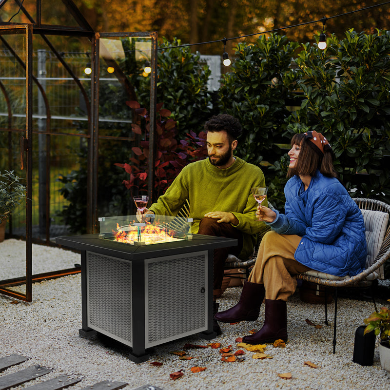 Square Gas Fire Pit Table, Rattan Smokeless Fire Pit with Glass Screen and Beads, Lid, 50000 BTU, 81x81x64cm, Grey
