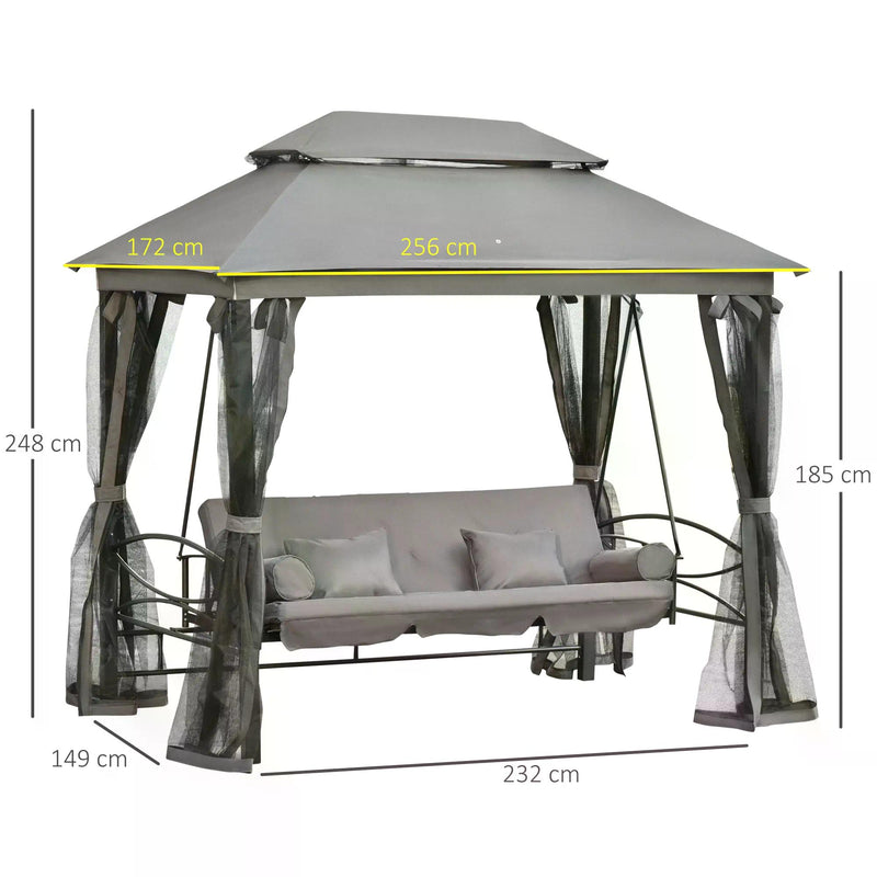 3 Seater Swing Chair Hammock Gazebo Patio Bench Outdoor with Double Tier Canopy, Cushioned Seat, Mesh Sidewalls, Grey