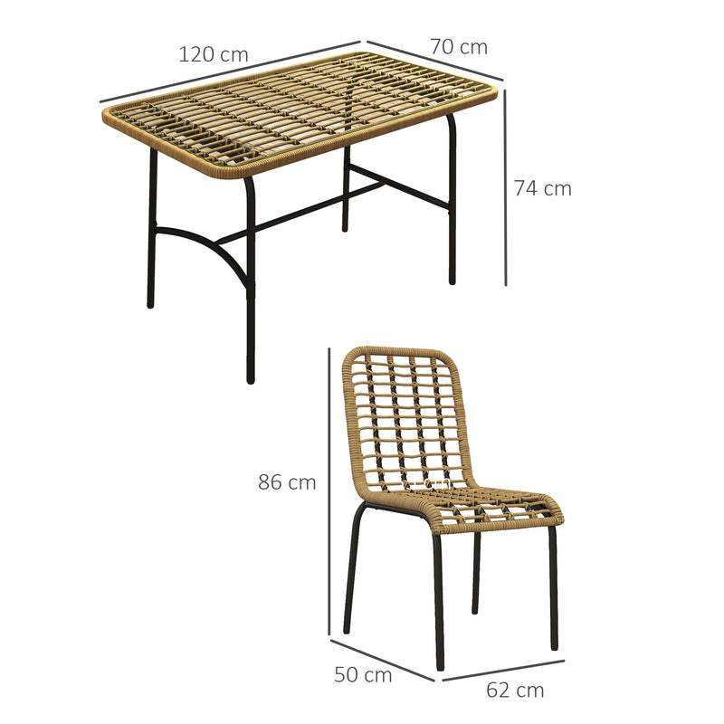 5 Pcs Rattan Outdoor Dining Set Patio Conservatory w/ Tempered Glass Tabletop Hollowed-out Design - Natural Wood Finish