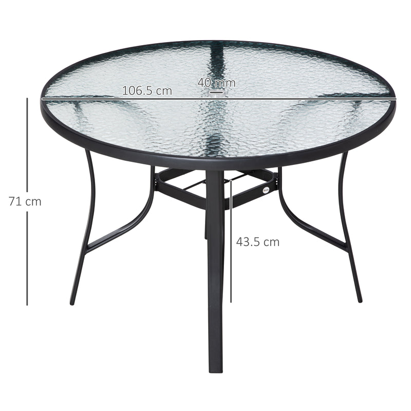 106cm Round Garden Dining Table with Parasol Hole Tempered Glass Top Steel Frame