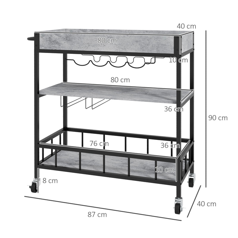 3-Tier Kitchen Cart, Kitchen Island with Storage Shelves, Removable Tray, Wine Racks, Glass Holders, Faux Marbled Grey