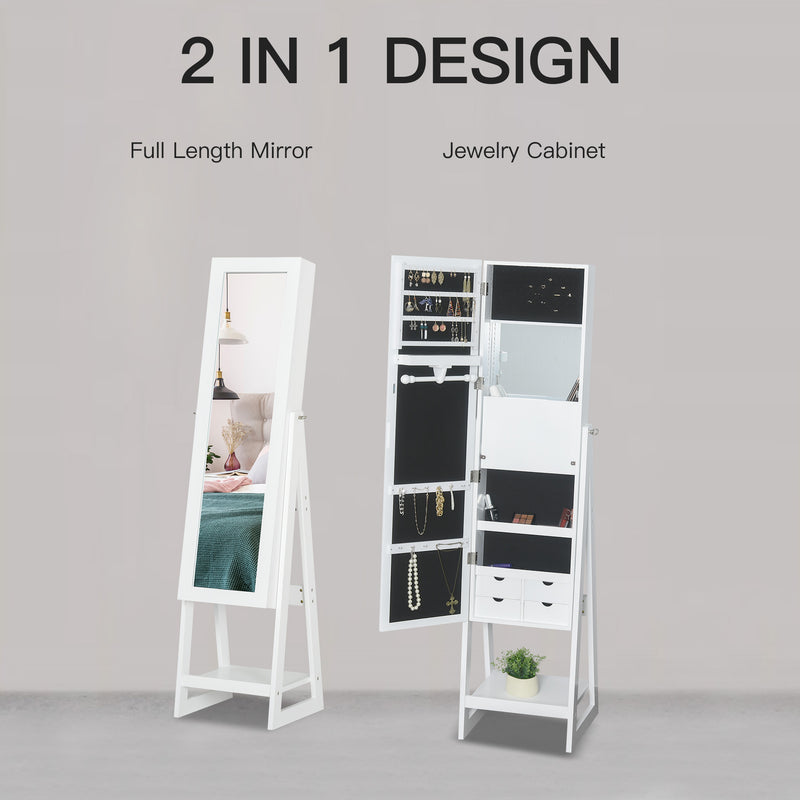 LED Light Jewelry Cabinet Storage Armoire w/ 2 Mirrors Drawers Hooks Shelves Make-Up Vanity Dresser Adjustable Bedroom Home White
