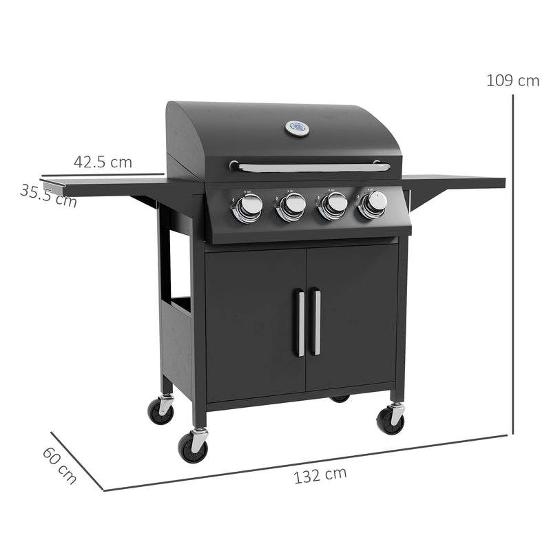 4 Burner Gas BBQ Grill Outdoor Portable Barbecue Trolley w/ Warming Rack, Side Shelves, Storage Cabinet, Thermometer
