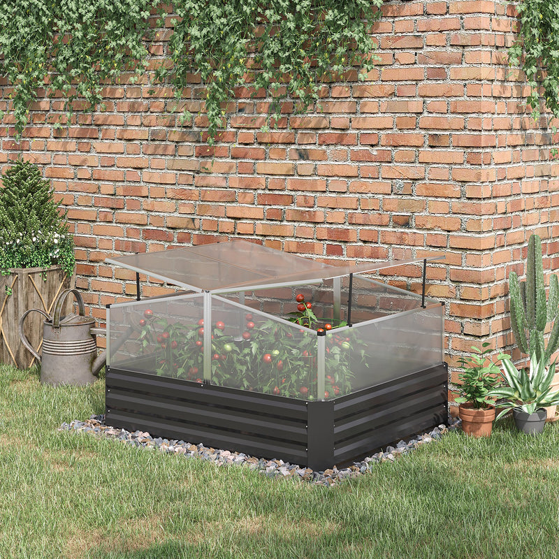 Outsuuny Galvanised Raised Garden Bed, Outdoor Planter Box with Greenhouse and Cover for Vegetables, Flowers, Dark Grey