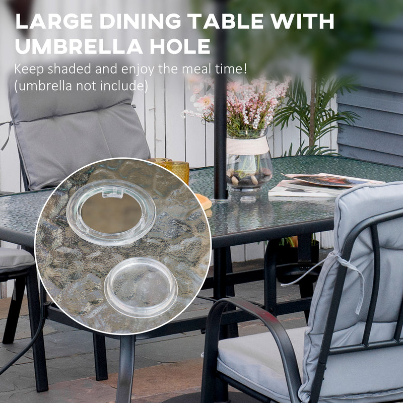 7Pieces Garden Dining Set, Outdoor Dining Table and 6 Cushioned Armchairs, Tempered Glass Top Table w/ Umbrella Hole, Texteline Seats, Black