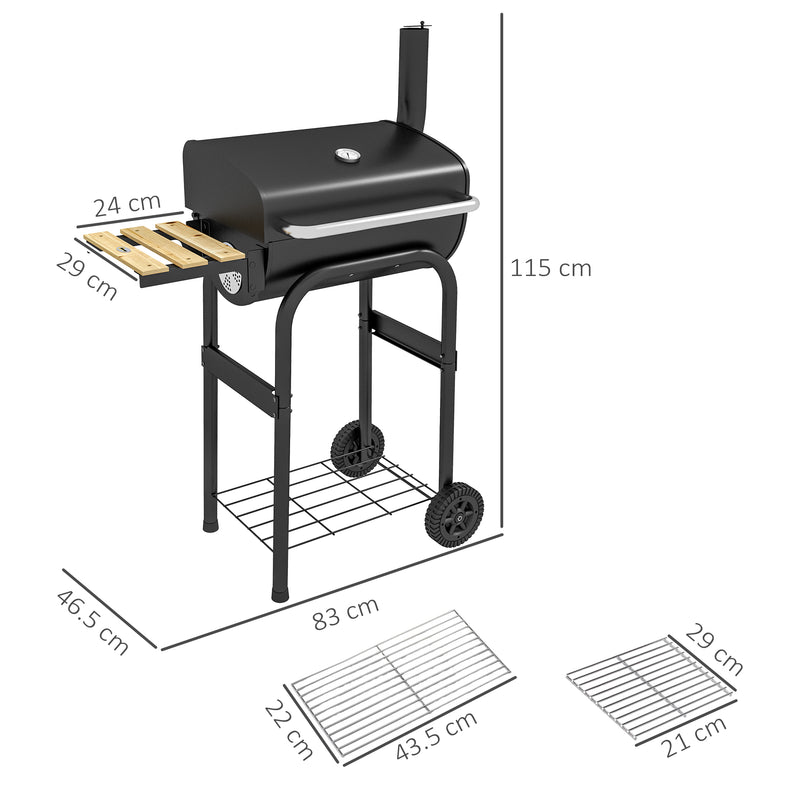 Outdoor Wheeled Charcoal Barbecue Grill Trolley with Shelves, Black